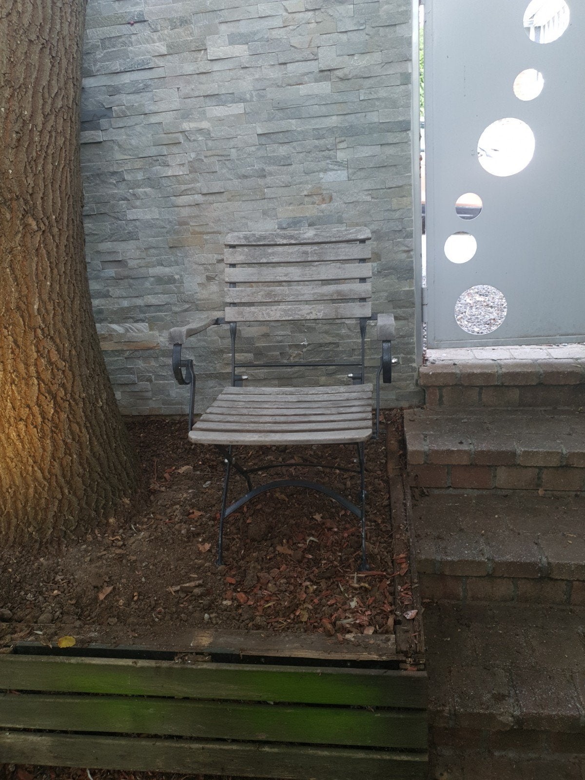 6 + 1 chaises - fauteuils de jardin grisées avec wisserie in, Enlèvement, Utilisé, Bois