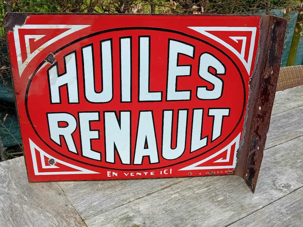Emaille reclamebord Huiles Renault 1932, Verzamelen, Ophalen of Verzenden, Gebruikt, Reclamebord