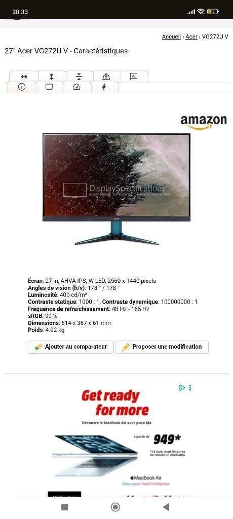 Écran Acer 2k, 165hz, Autres types, Moins de 1 ms, 151 à 200 Hz, Comme neuf