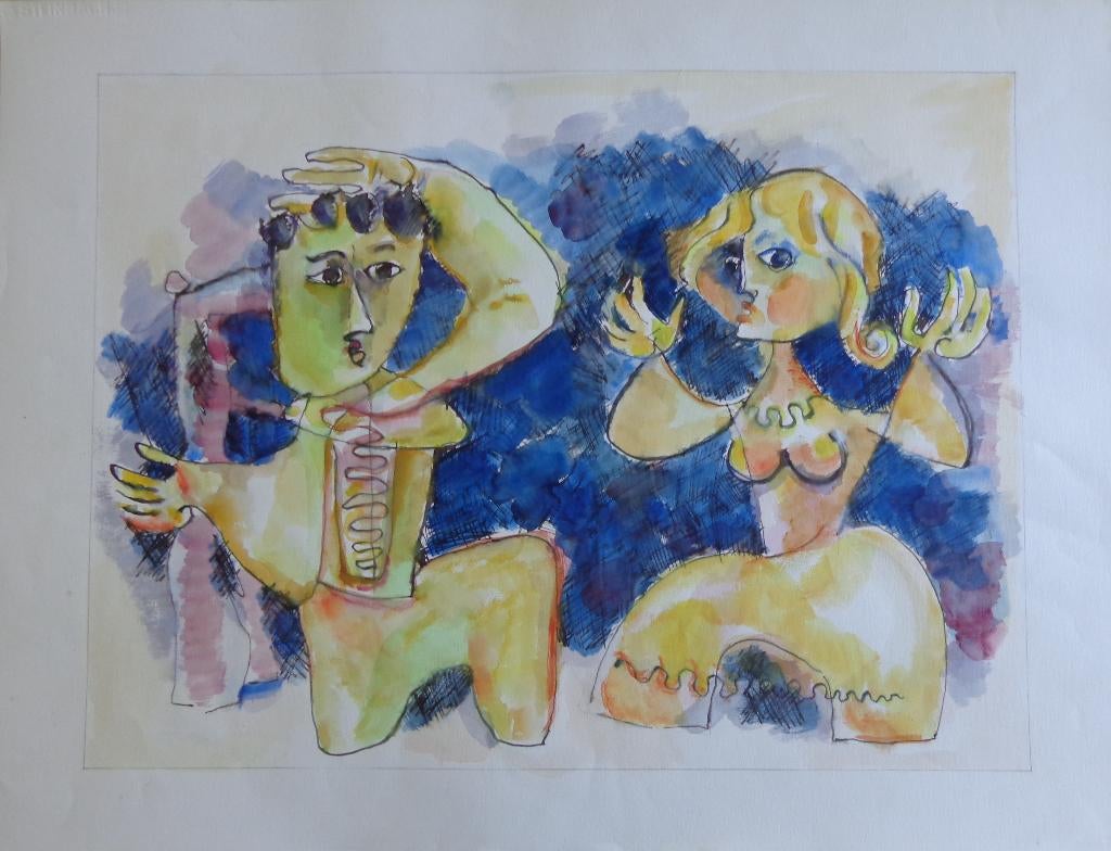 JOEL KASS / TWEE FIGUREN / ORIGINEEL WERK / 55x73cm, Antiquités & Art, Art | Peinture | Moderne, Enlèvement ou Envoi, Signé, Aquarelle