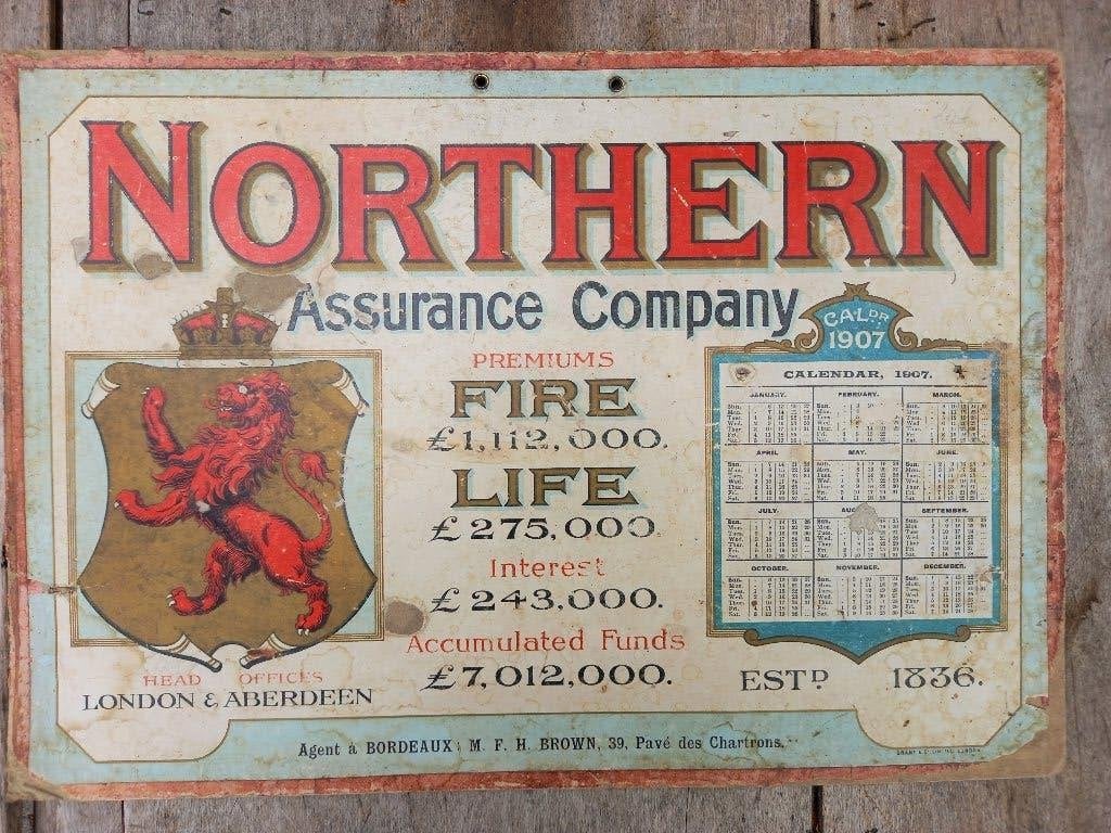 zeldzaam reclamebord 1907 Northern Assurance Company, Ophalen of Verzenden, Gebruikt, Reclamebord