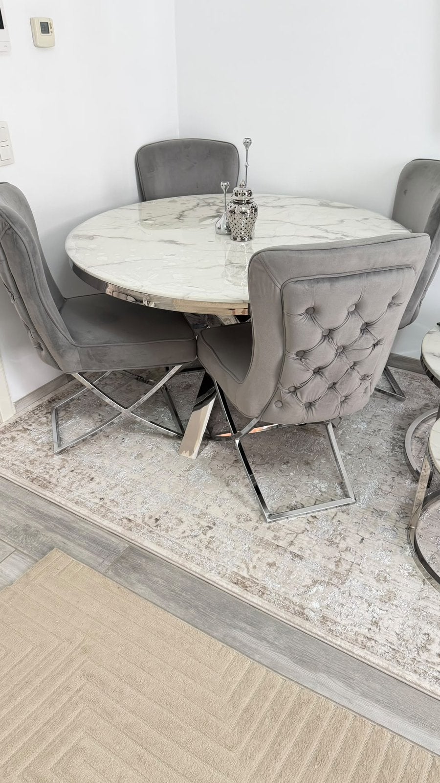Luxe marmeren eettafel 4 stoelen + 2 salontafels + hoektafel, Ophalen, Kunststof