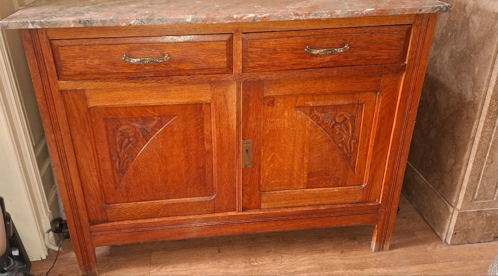 Meuble ancien en chêne avec plateau en marbre, Enlèvement, Chêne