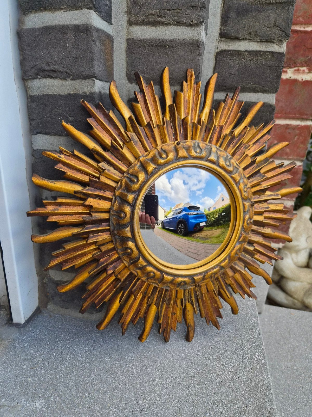 Miroir solaire en bois à 2 couches avec verre convexe., Maison & Meubles, Enlèvement ou Envoi, Moins de 100 cm, Rond, Utilisé