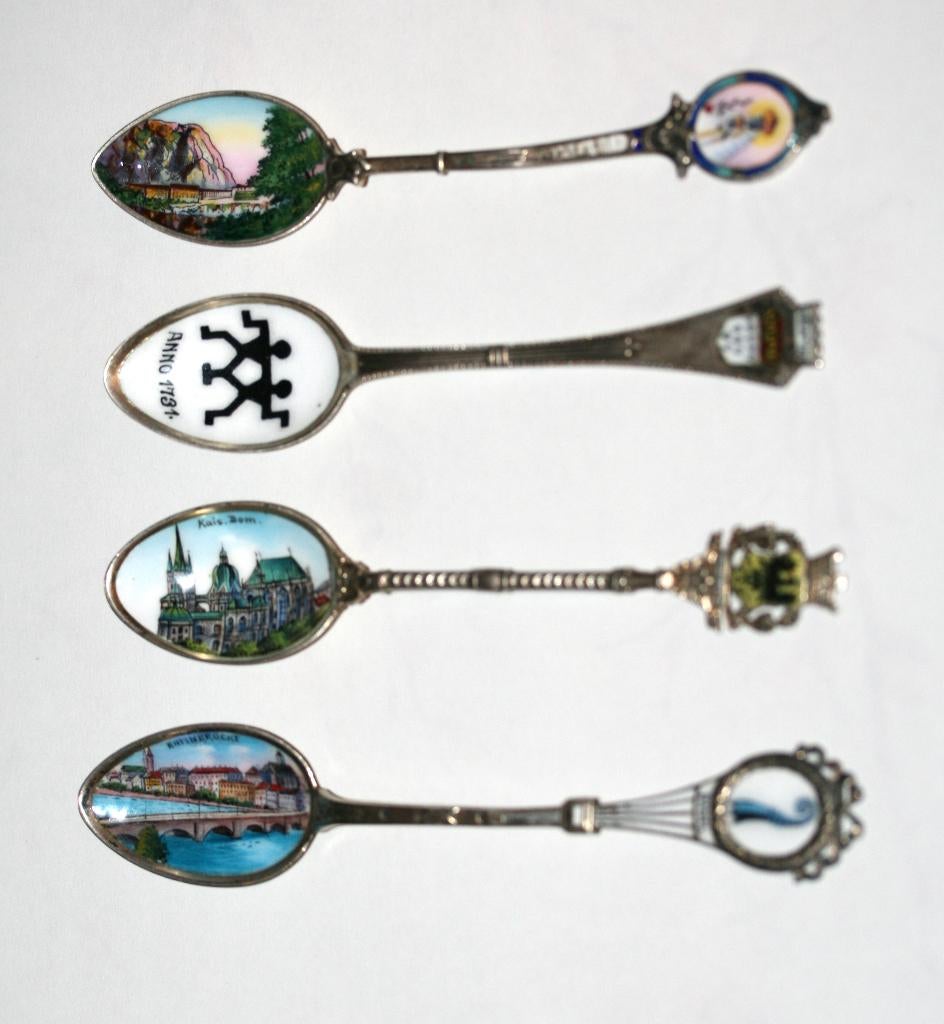 4 antieke lepeltjes Zilver 800 emaille, Antiek en Kunst, Ophalen of Verzenden, Zilver