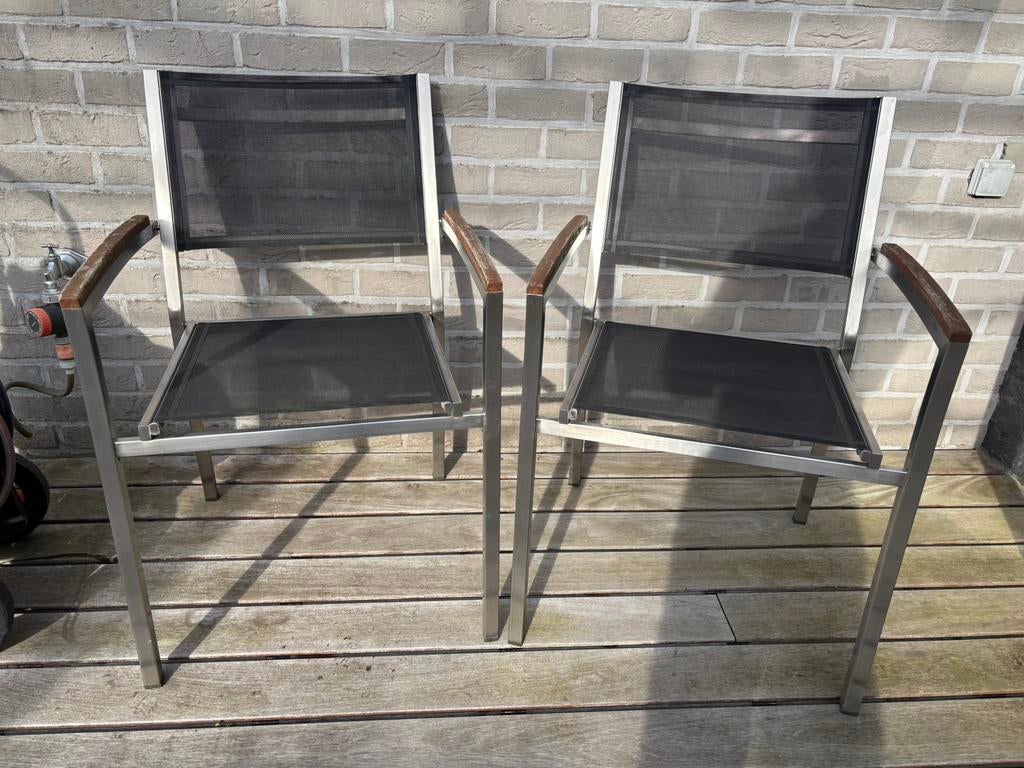 6 stapelbare inox/rvs tuinstoelen, Ophalen, Gebruikt, Rvs, Stapelbaar