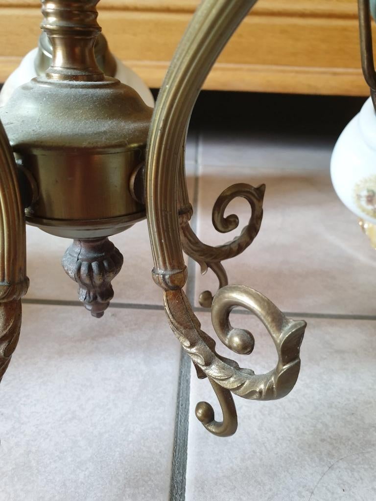 Vintage Luster Lamp Vijf Kapjes Bloempjes Golven, Enlèvement, Verre