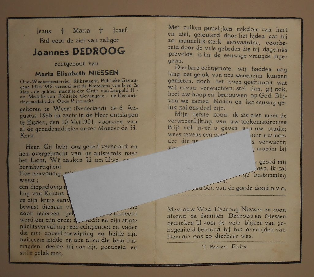 Carte de prière J.DEDROOG ancien Gendarme Prisonnier pol WW1, Enlèvement ou Envoi, Gendarmerie, Autres types