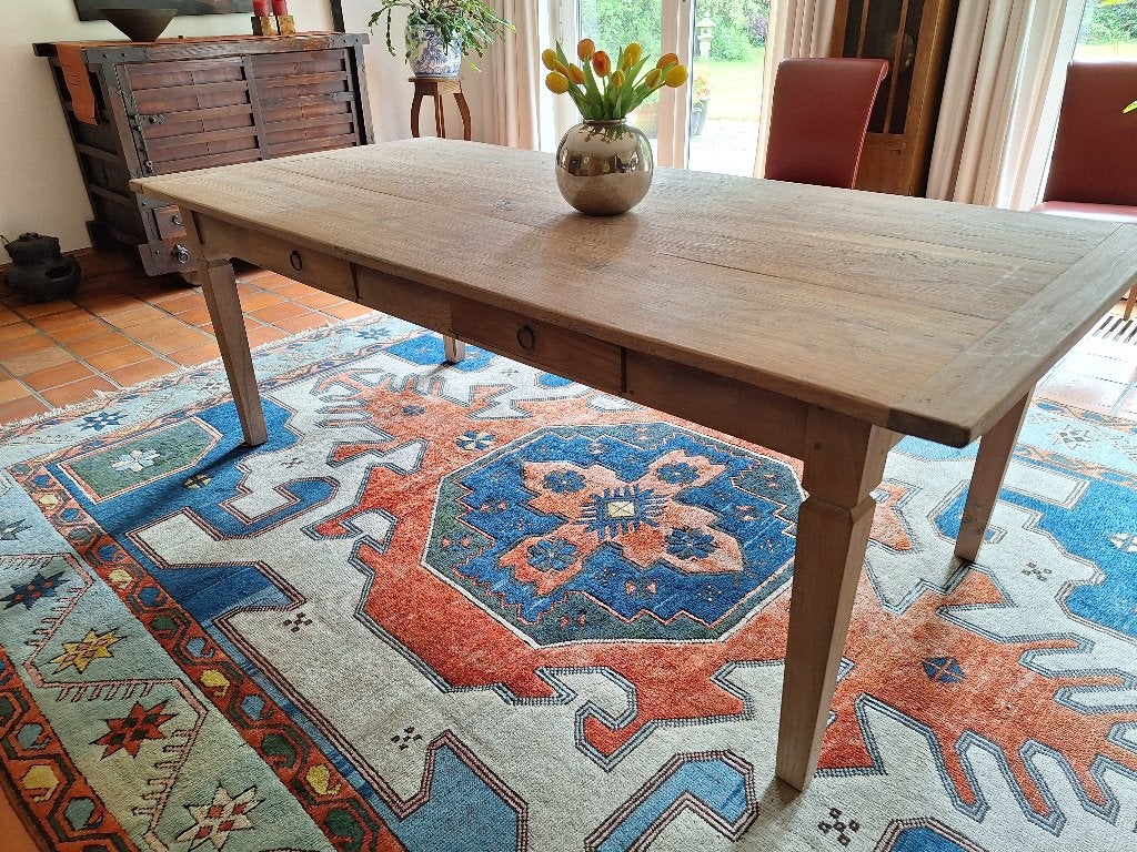 eetkamertafel, Huis en Inrichting, Tafels | Eettafels, Ophalen, Tijdloos antiek, Teakhout, 200 cm of meer