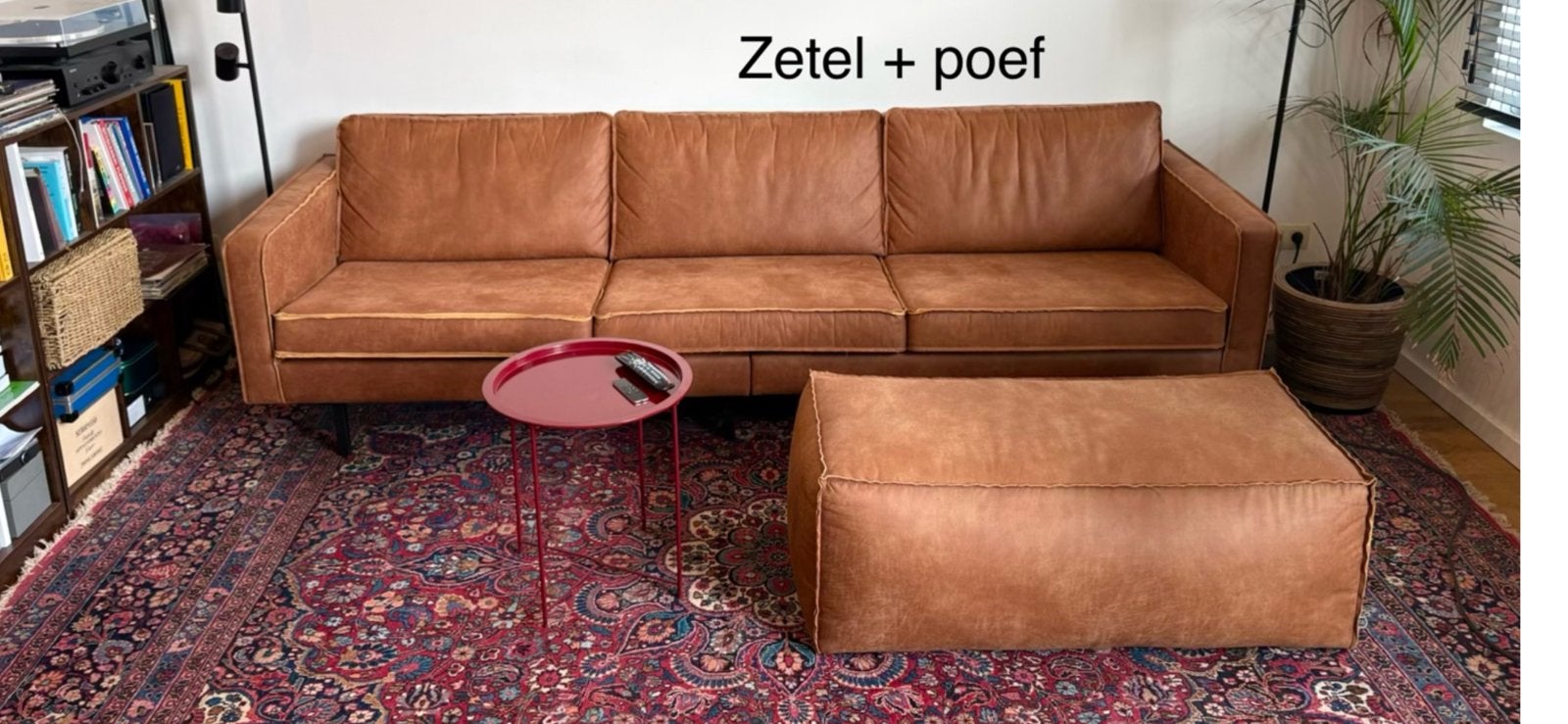 3 zit bank zetel met poef - leer cognac, Enlèvement, Comme neuf, Cuir, Cognac