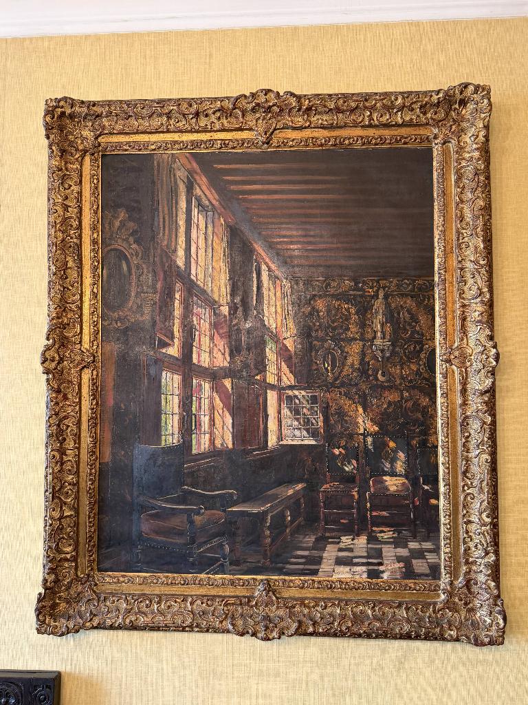 Grand tableau intérieur flamand signé Paule Bisman, Enlèvement