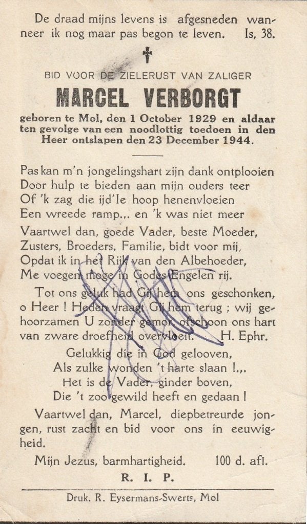 Oorlogsslachtoffer 40/45 Marcel Verborght, Collections, Images pieuses & Faire-part, Envoi