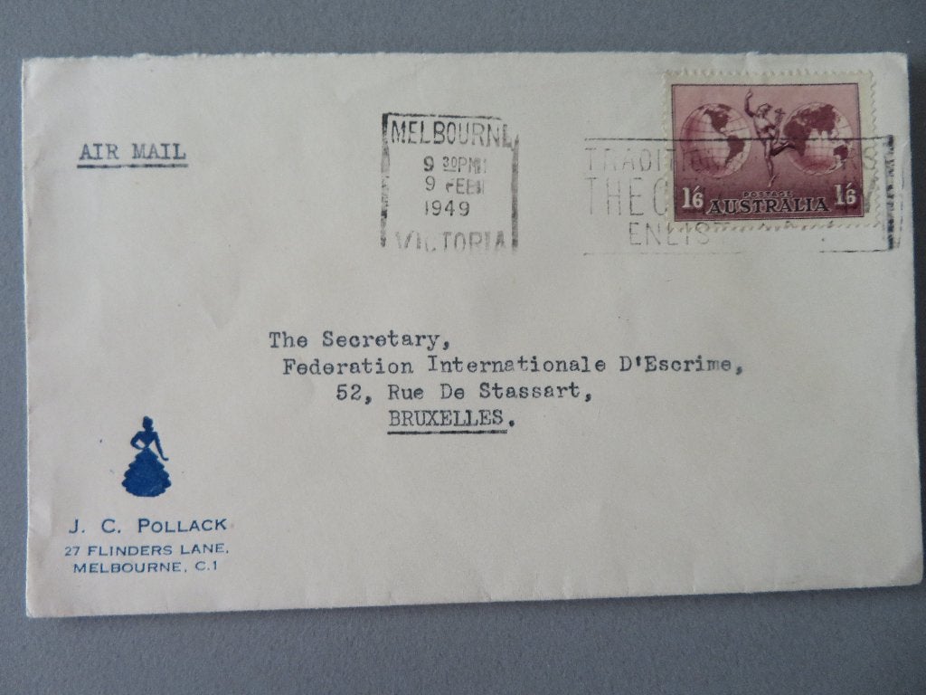 1949 air mail Melbourne Bxl federatie schermen schermsport, Timbres & Monnaies, Lettres & Enveloppes | Étranger, Envoi, Enveloppe
