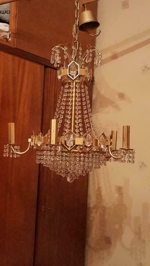 Lustre en véritable cristal et laiton, Maison & Meubles, Enlèvement ou Envoi, Utilisé