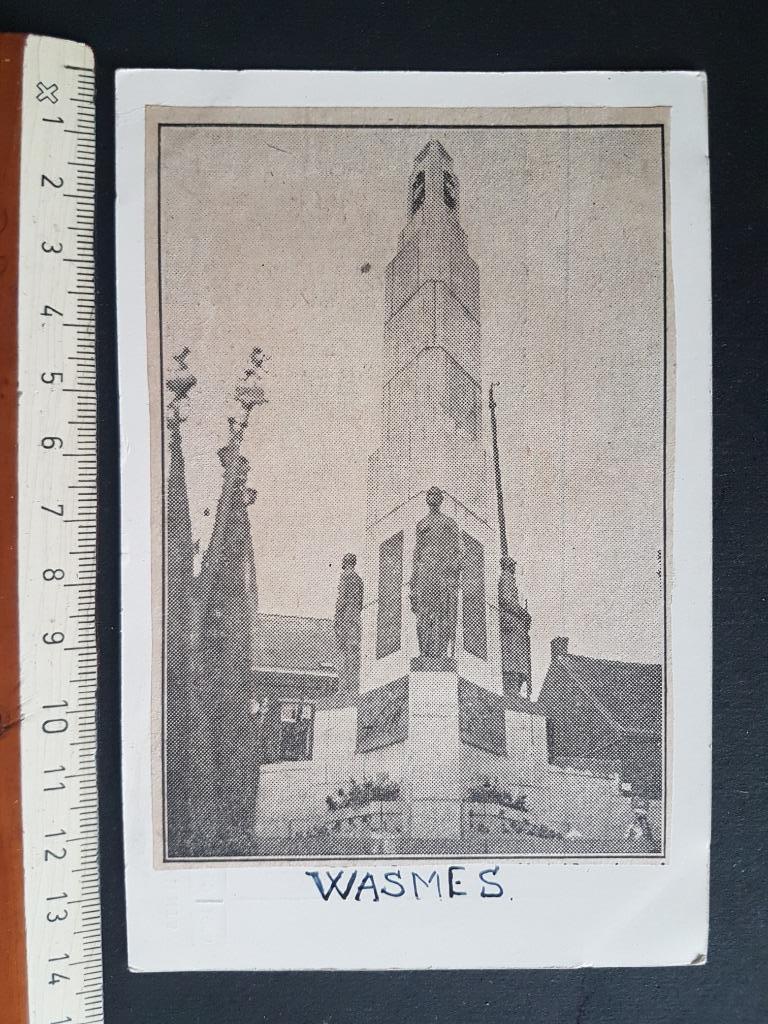 Knipsel op postkaart: Wasmes Monument Oorlog, Verzamelen, Militaria | Algemeen, Landmacht, Foto of Poster, Verzenden