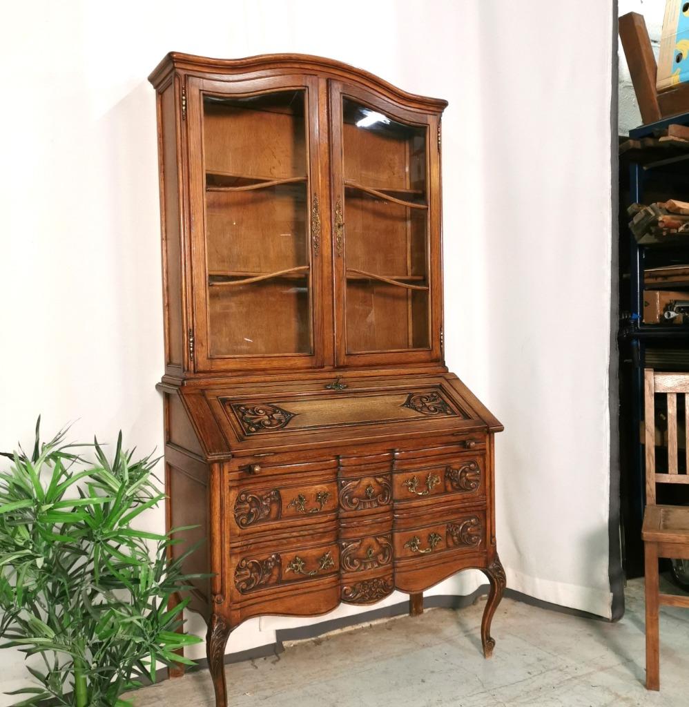 Antieke Louis XV secretaire met bovenstuk in eik B 98 H 190, Ophalen, Gebruikt