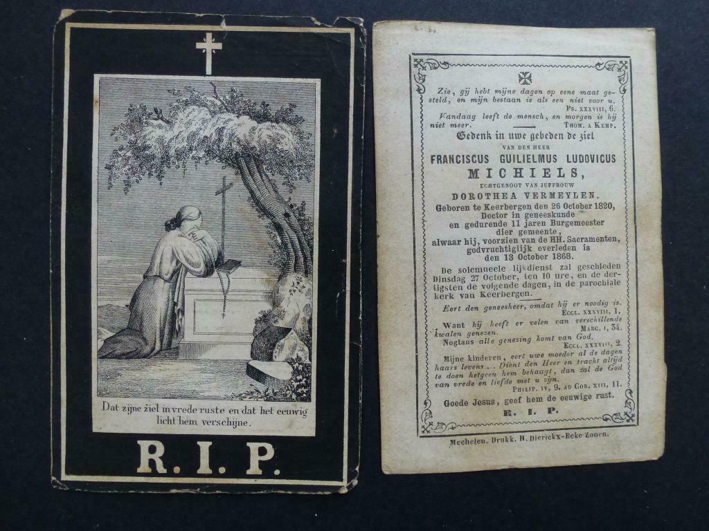 doodsprentje Michiels doctor in de geneeskunde + 1868, Envoi, Carte de condoléances