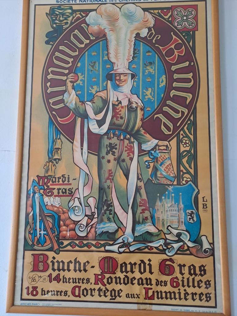 Affiche ancienne de L.B 1910 - Carnaval De Binche, Verzamelen, Ophalen