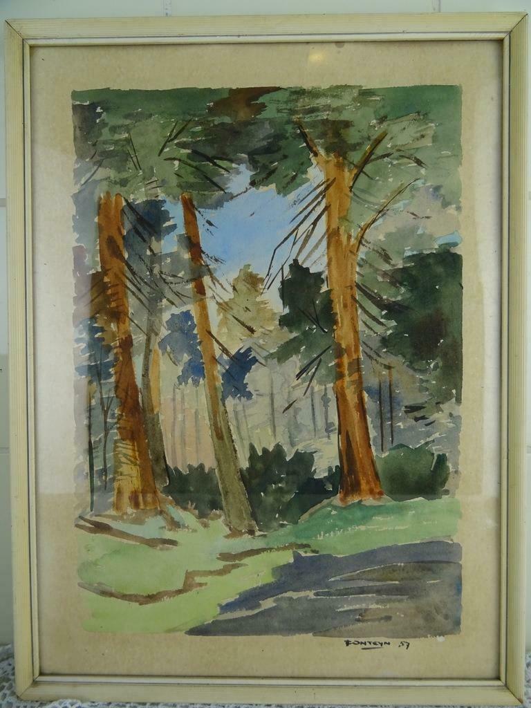 Antiek aquarel Fonteyn 1957 antiek schilderij schilderijtje, Huis en Inrichting, Minder dan 50 cm, Oorspronkelijke maker, Ophalen of Verzenden