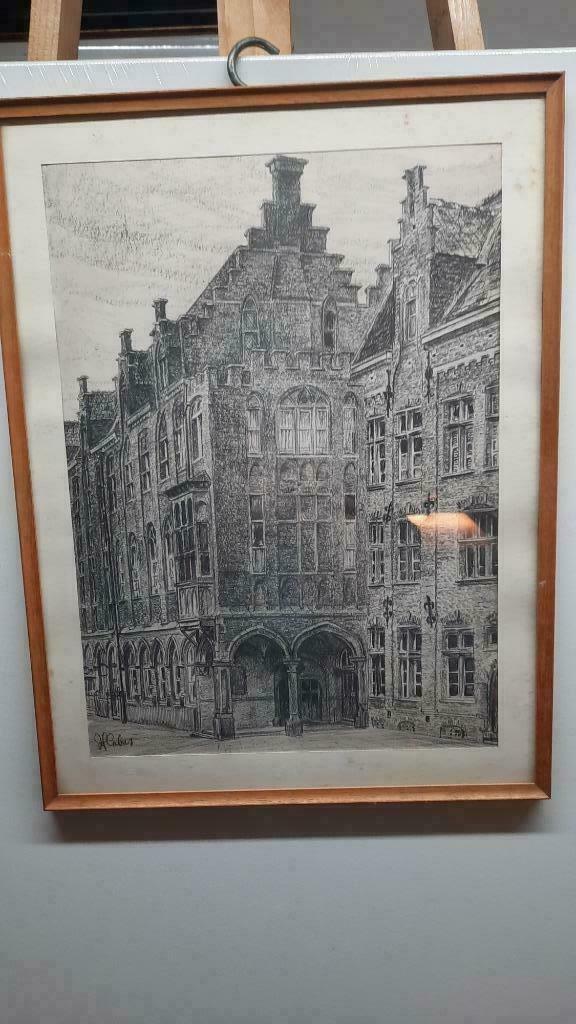 Potloodtekening  stadhuis , Mechelen van H . CABES, Antiek en Kunst, Ophalen