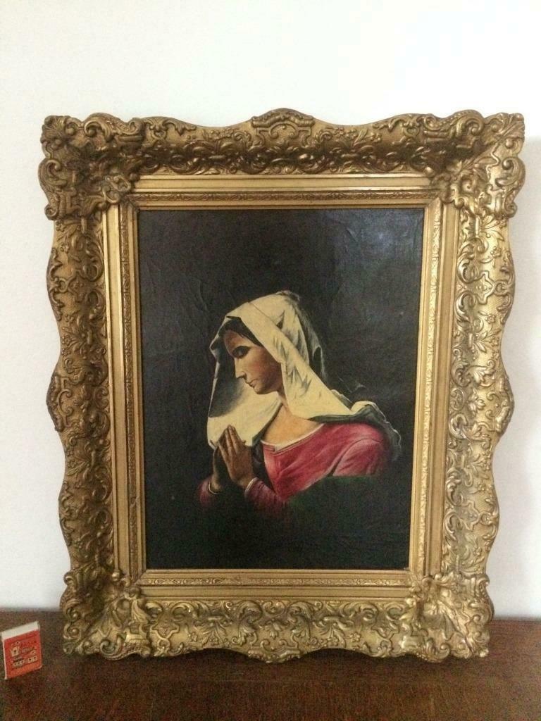 Devote vrouw biddend in rood velours hoofddoek barokke lijst, Antiek en Kunst, Ophalen of Verzenden