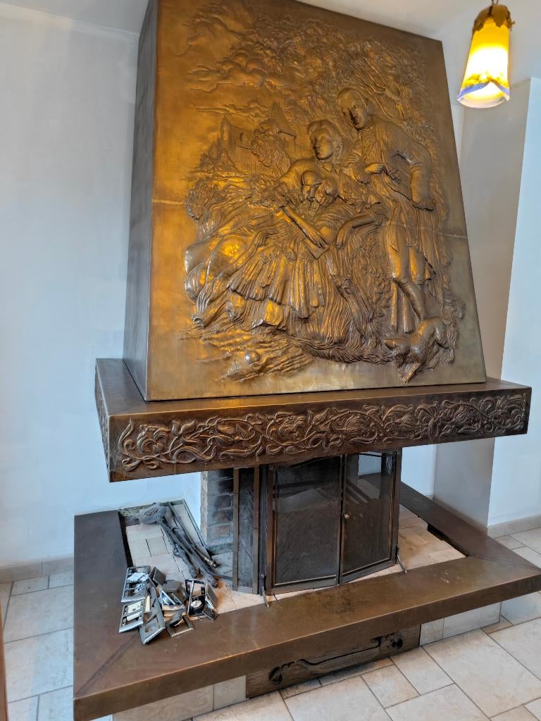 Open haard met grote behuizing, uitzonderlijke art nouveau, Antiek en Kunst, Antiek | Brons en Koper, Ophalen, Koper