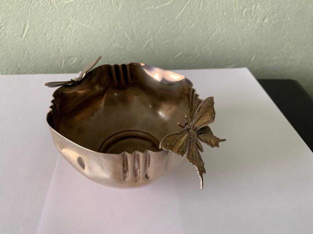 Ancien vide poche en métal argenté décor papillons, Enlèvement ou Envoi, Argent