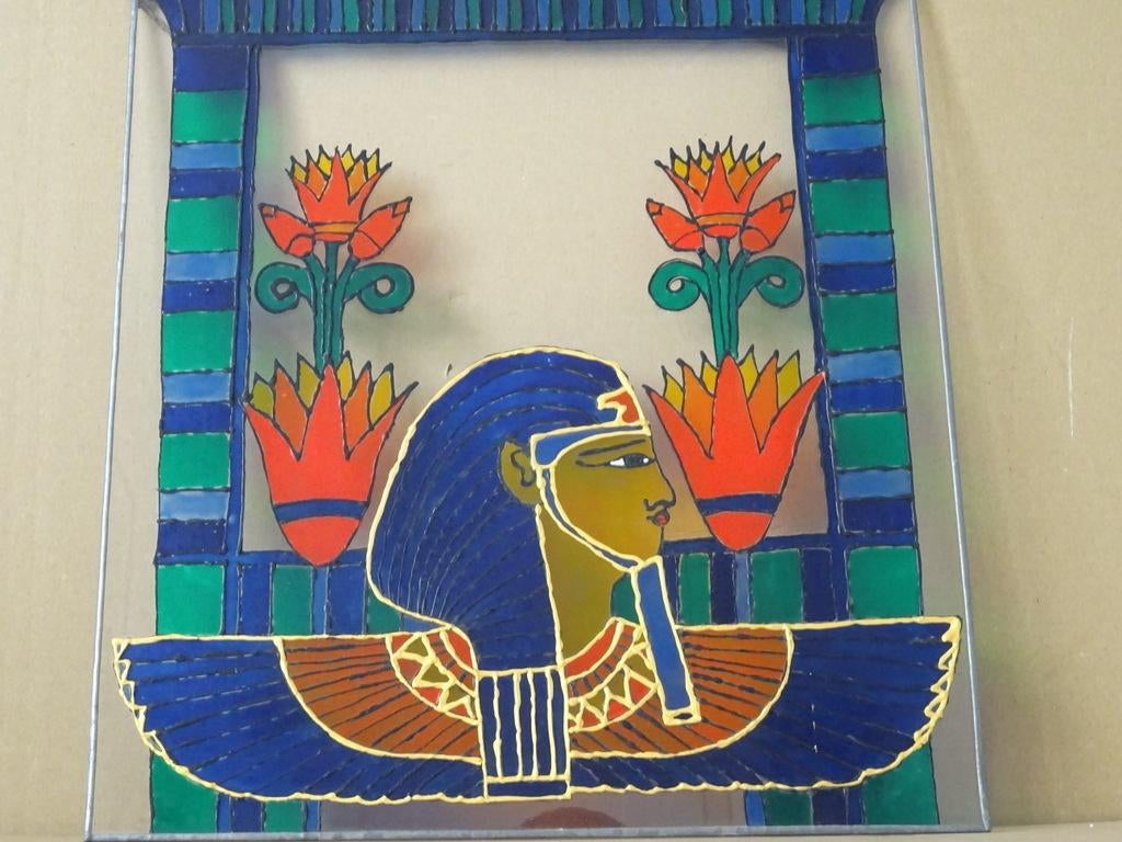 Curiosa glas in lood van plexiglas Egypte 36x40cm Cleopatra?, Ophalen of Verzenden