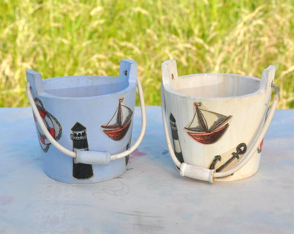 deux petits cache pot seau en bois decor marine, Enlèvement ou Envoi, Utilisé, Autres matériaux