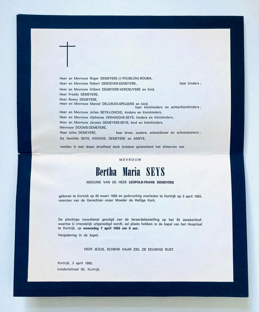 rouwbrief en bidprentje Bertha Seys Kortrijk 1889 - 1965, Verzamelen, Ophalen of Verzenden, Bidprentje