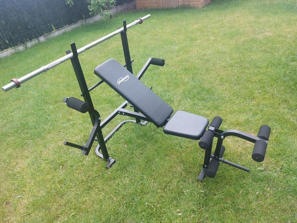 Banc de musculation Physionics + barres de musculation et en, Sports & Fitness, Enlèvement, Métal, Bras, Centrale électrique