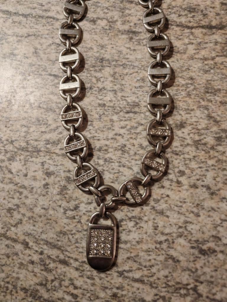 Schakelketting, Handtassen en Accessoires, Kettingen, Ophalen, Zo goed als nieuw, Zilver, Met kristal