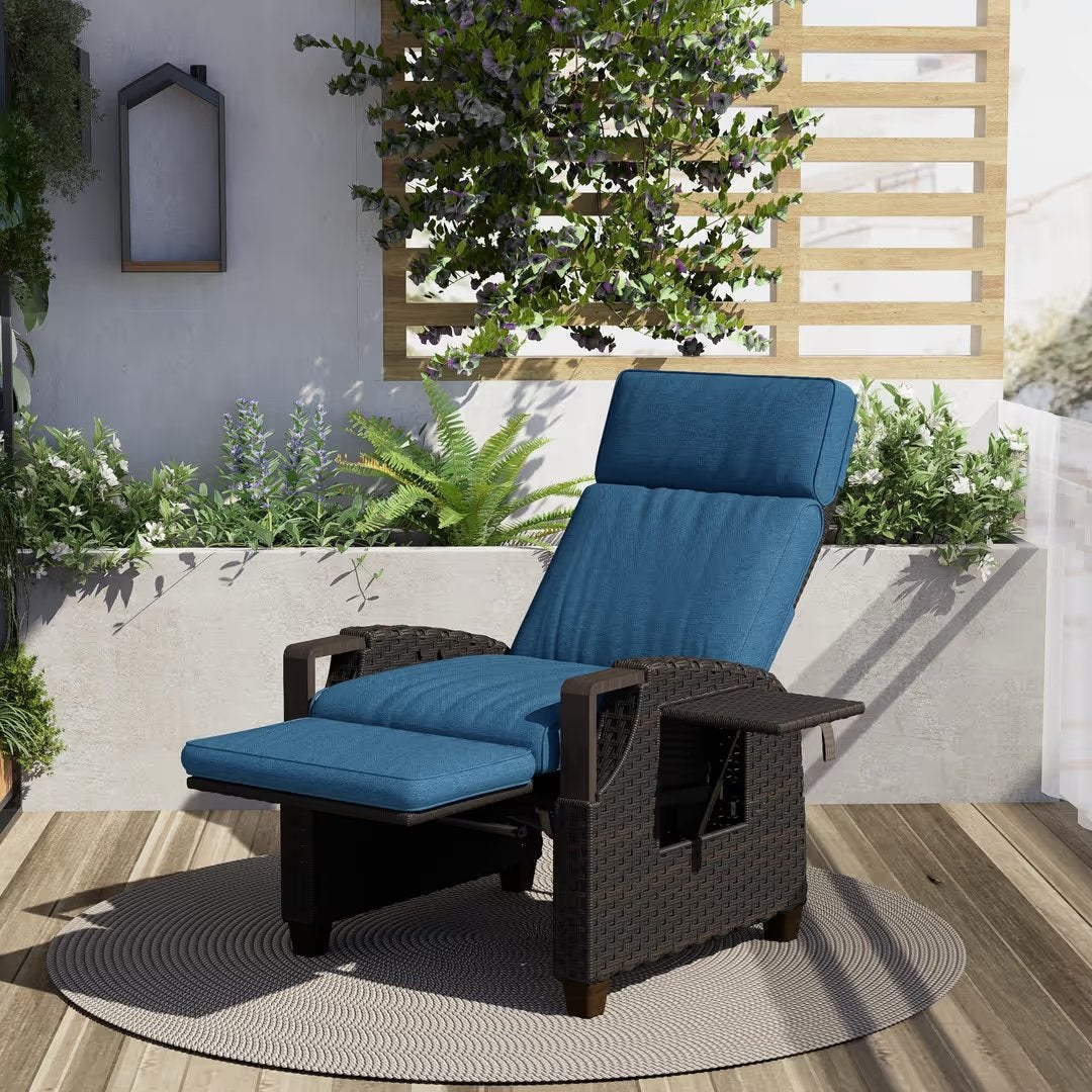 Chaiselongue de jardin ajust. + coussin - Bleu/Marron foncé, Jardin & Terrasse, Chaises longues, Enlèvement ou Envoi, Comme neuf