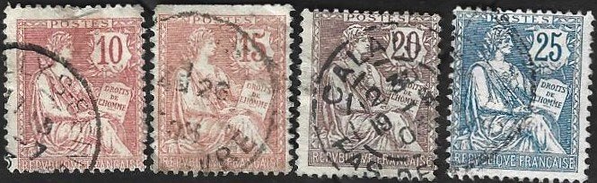 4 Postzegels Frankrijk 1902 Allegorie (Type Mouchon), Ophalen of Verzenden, Gestempeld