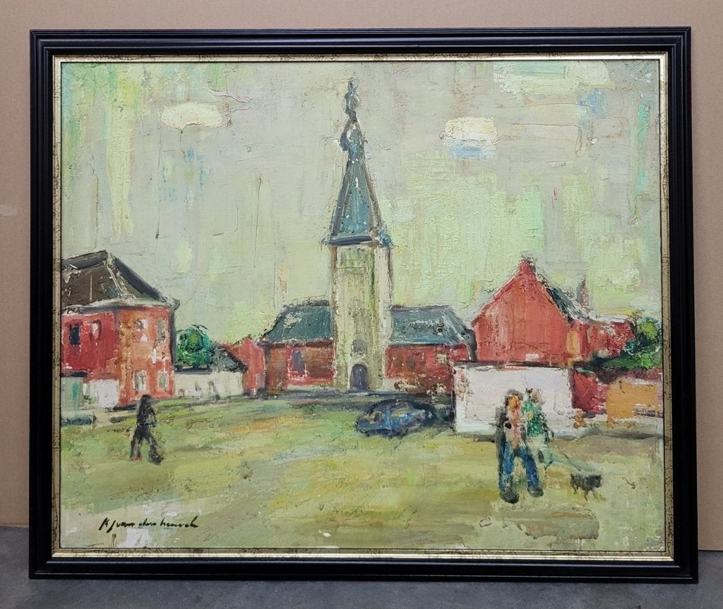 Karel Jan VAN DEN HEUVEL, Marktplaaats in Oelegem, Doek, Expressionistisch, Ophalen of Verzenden, Gesigneerd