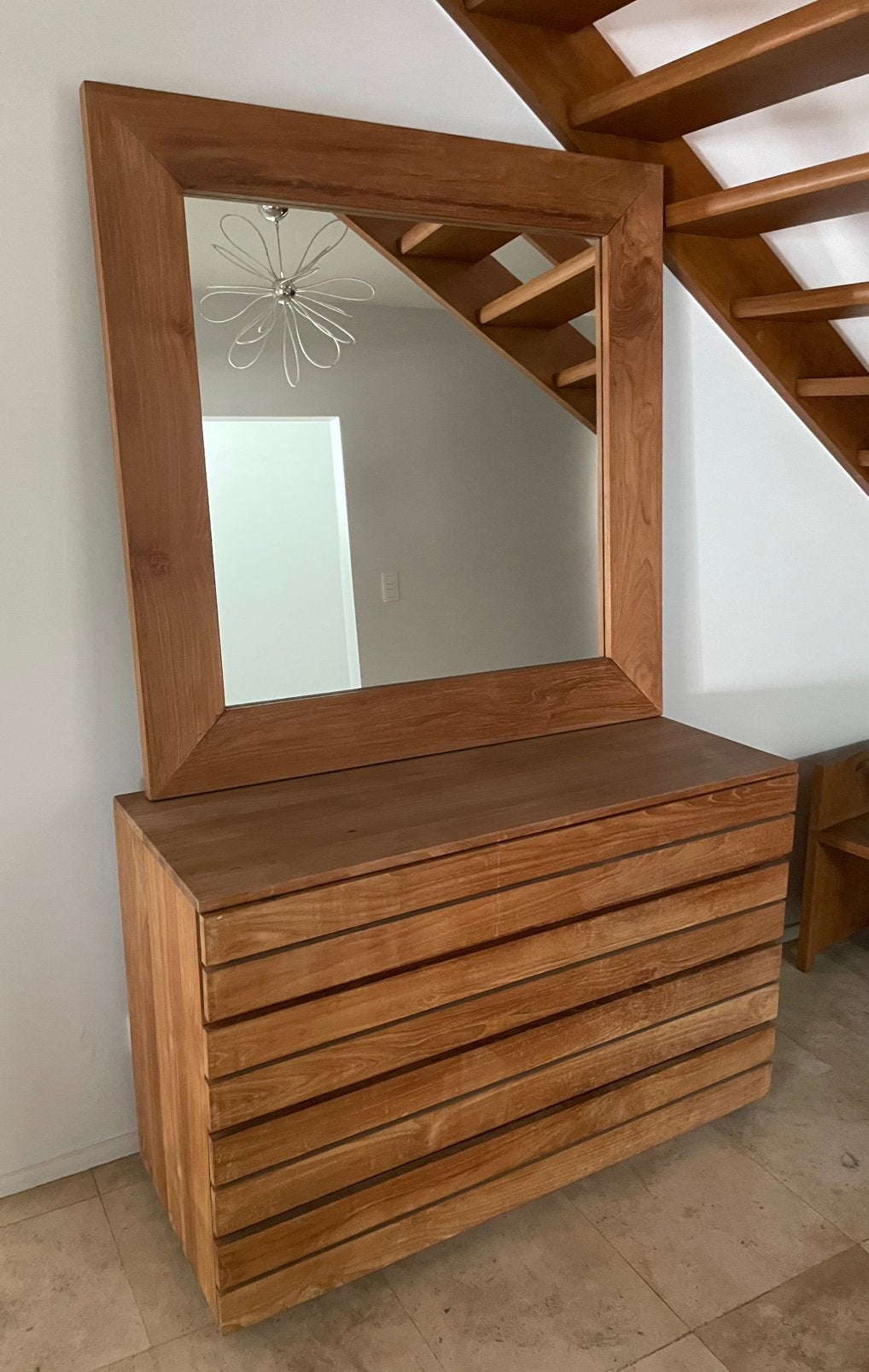 Massief teak dressoir/ ladekast met grote bijhorende spiegel, Huis en Inrichting, Ophalen, Gebruikt