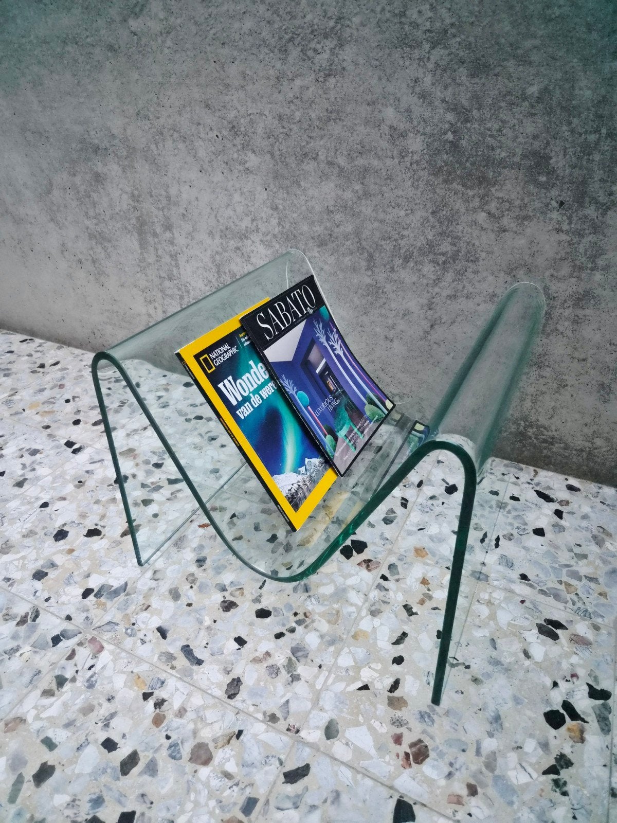 design magazinehouder, Lectuurbak, Ophalen, Mid-century modern, Glas