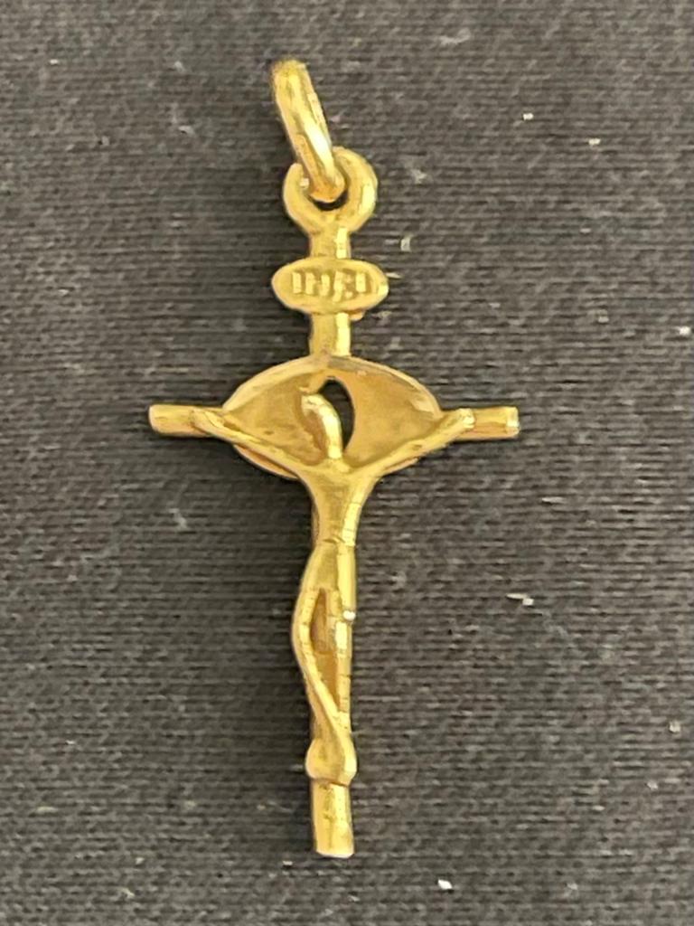 Moderne hanger kruisbeeld 18 k goud, Ophalen of Verzenden, Zo goed als nieuw, Goud