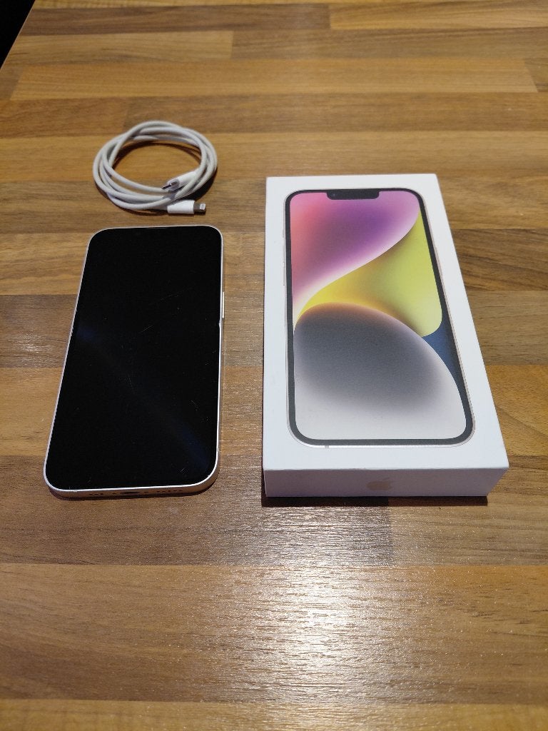iPhone 14 128 Go Blanc – Bon état – Boîte et câble inclus, 128 GB, Utilisé, Sans abonnement, Blanc