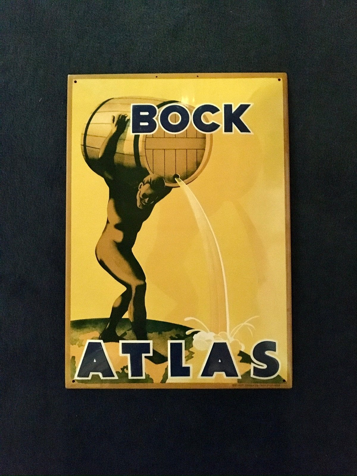 Groot blikken reclamebord Bock Atlas bier (1930s), Verzamelen, Ophalen of Verzenden, Zo goed als nieuw, Reclamebord