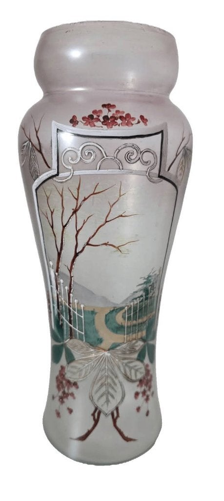 Art nouveau vaas in opaalglas met emaillen decoratie, Ophalen of Verzenden