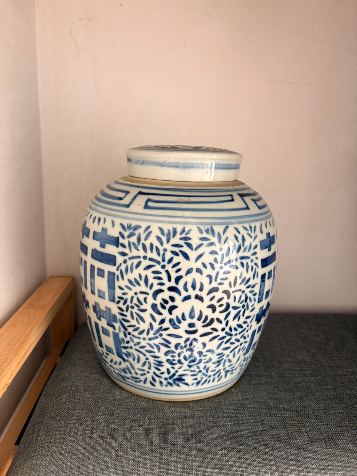 Antieke Chinese Blauw-Witte Gemberpot ( Shuang Xi), Ophalen, Zo goed als nieuw, Blauw