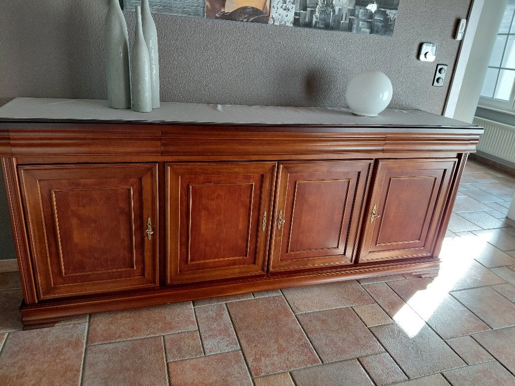 Prachtige dressoir en vitrinekast in kerselaarhout, Maison & Meubles, Armoires | Dressoirs, 200 cm ou plus, Cerisier, Comme neuf