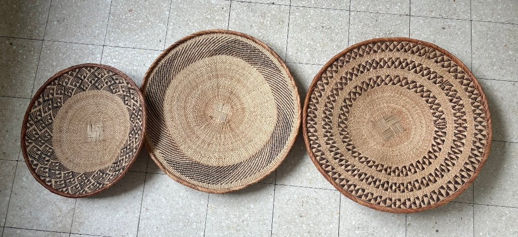 Set van 3 XL Tonga / Binga manden – Wand decoratie, Boho, Enlèvement ou Envoi, Comme neuf, Matériau naturel