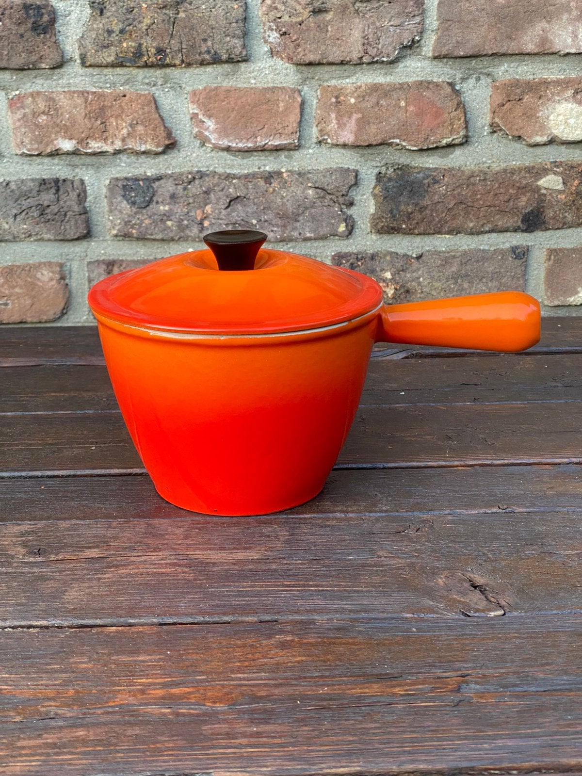 le creuset caquelon / steelpan orange, Gebruikt, Le Creuset, Ophalen of Verzenden, Gietijzer