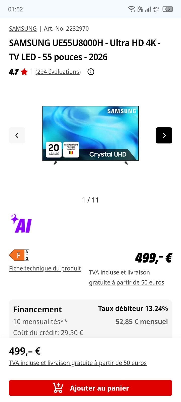 SAMSUNG UE55U8000H - Ultra HD 4K - LED-tv - 55 inch - 2026, Audio, Tv en Foto, Televisies, Ophalen, LED, Samsung