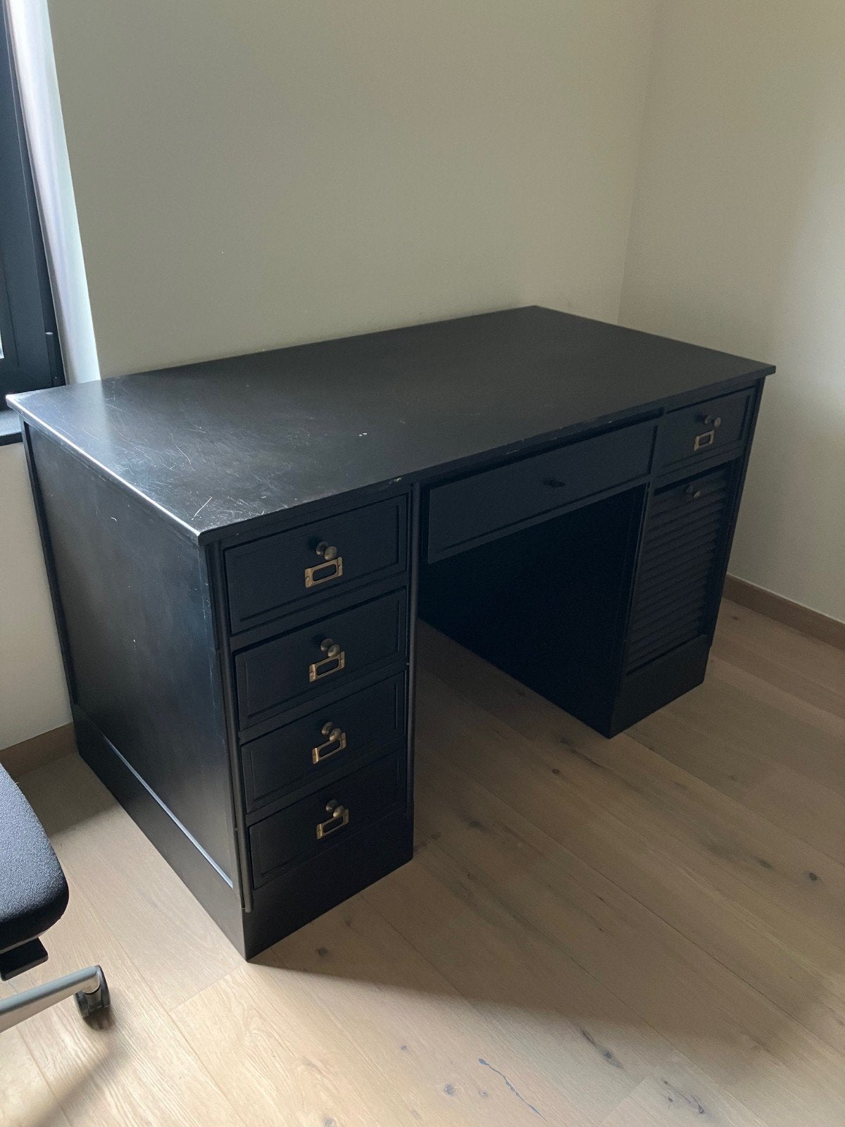 Zwarte metalen bureau, Bureau d'écolier, 135 cm, Métal, Avec tiroirs