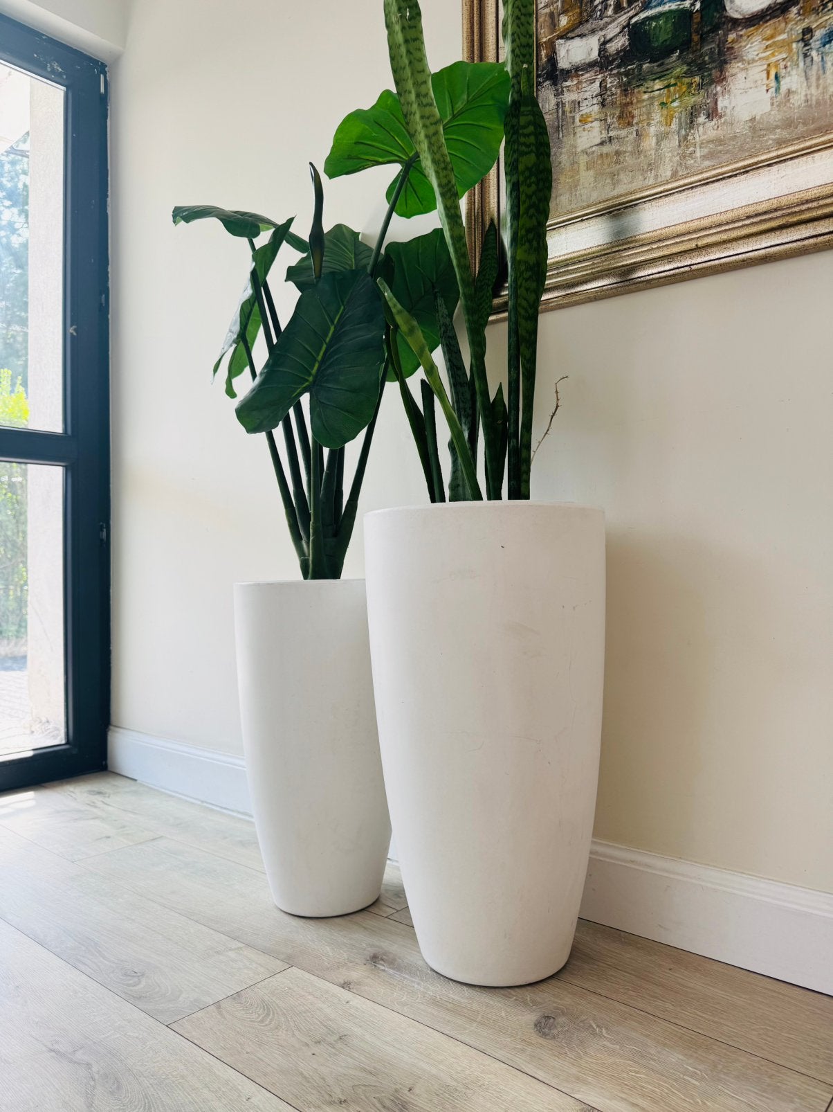 2 stijlvolle, witte plantenpotten van hoge kwaliteit, Ophalen of Verzenden, Gebruikt, Kunststof, Binnen