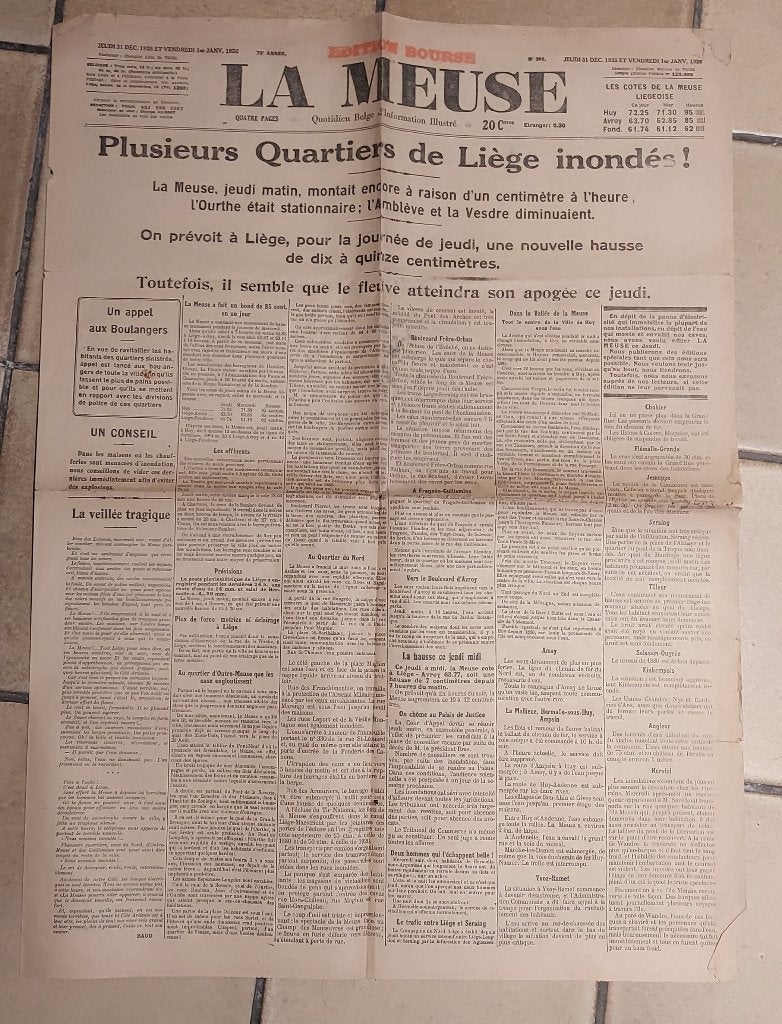 Journal original La Meuse. Inondations Liège 1926, Collections, Envoi, 1920 à 1940, Journal