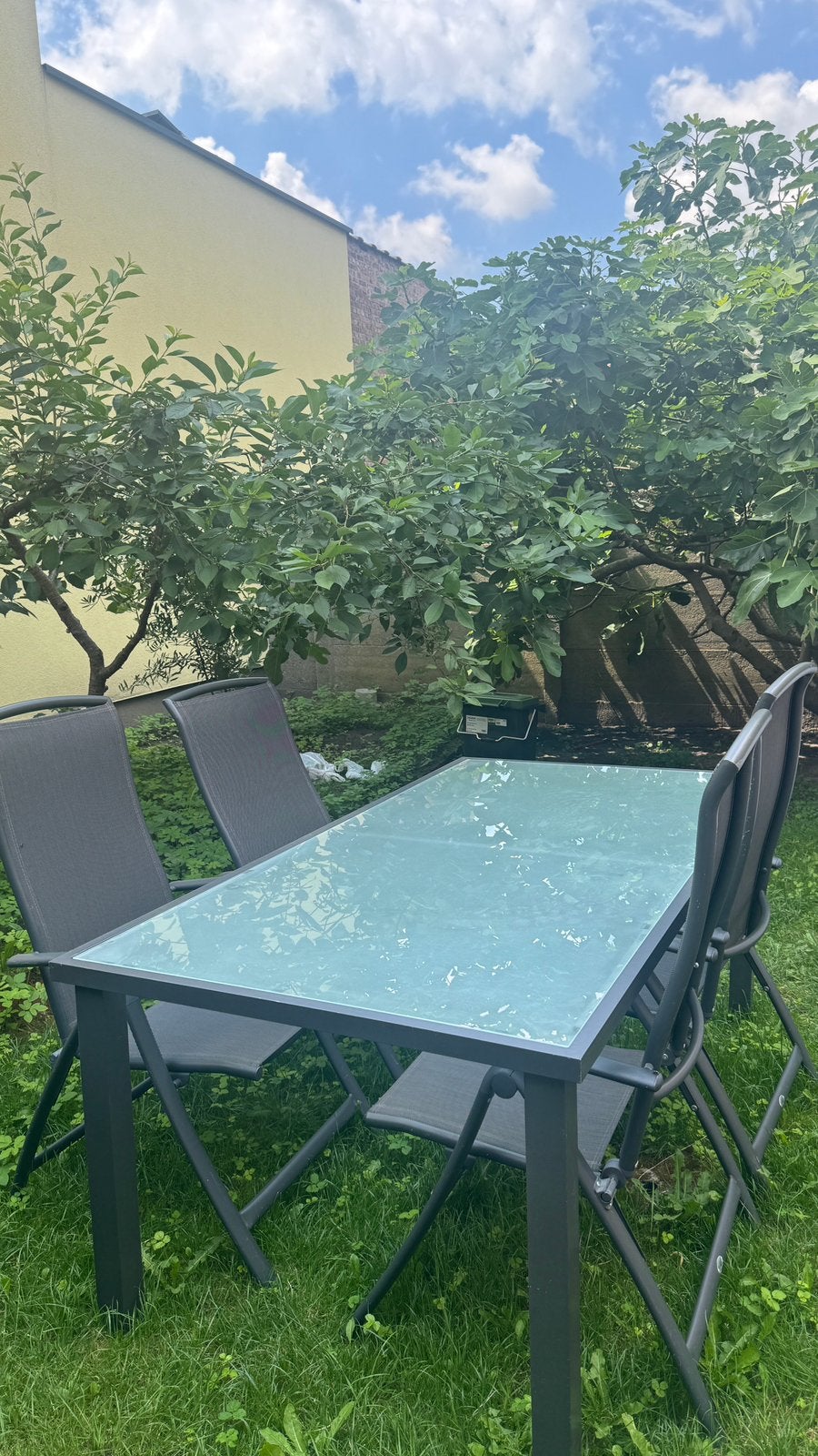 Tuintafel met 4 verstelbare stoelen - goede staat, Ophalen, Gebruikt, Tuinset, Eettafel
